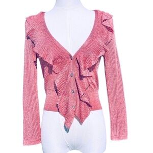 Betsey Johnson Y2K Vintage Pink Metallic Crop Ruffle Cardigan Sweater NWT
